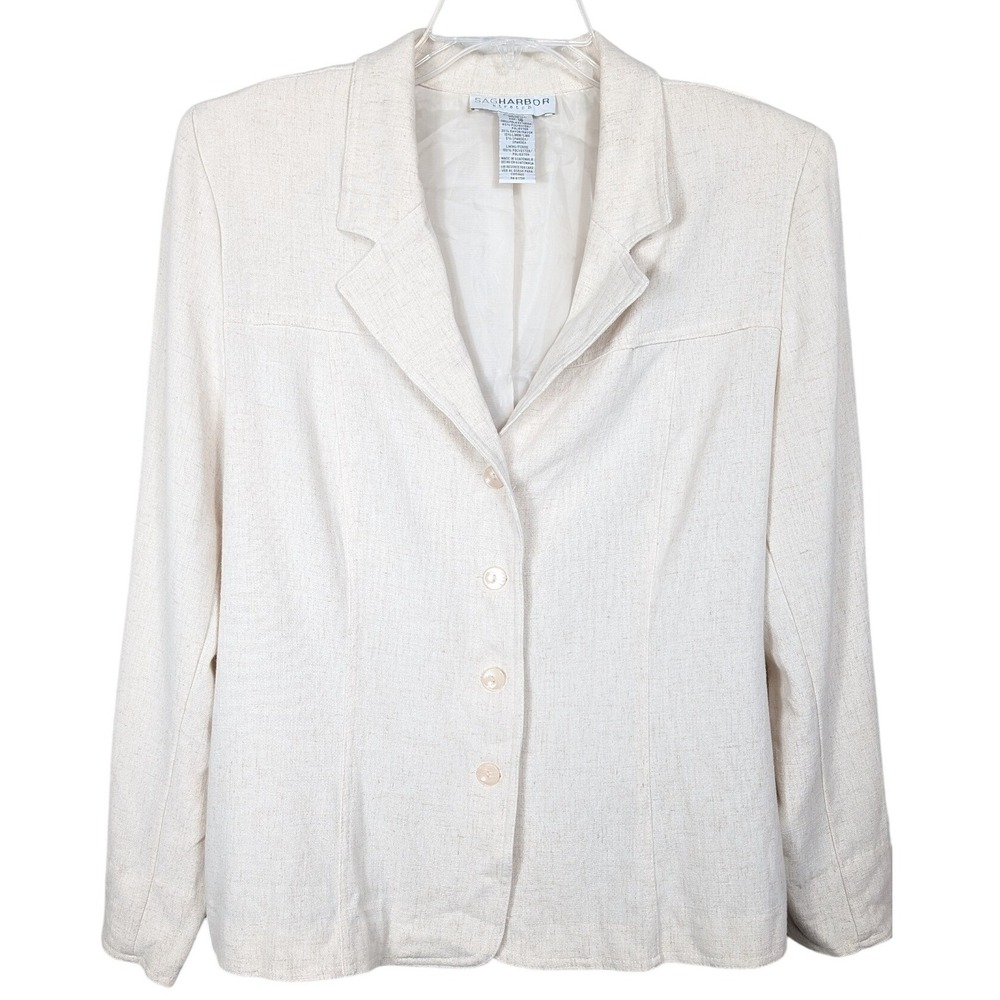 Sag Harbor Blazer Women 16 Cream Linen Blend Stretch 4-Button Professional‎